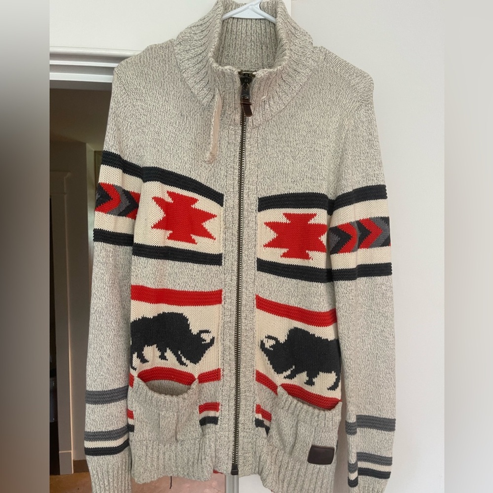 Superdry Men’s Size M Gray Buffalo Aztec Bison Zip Up Sweater Knit Cardigan.